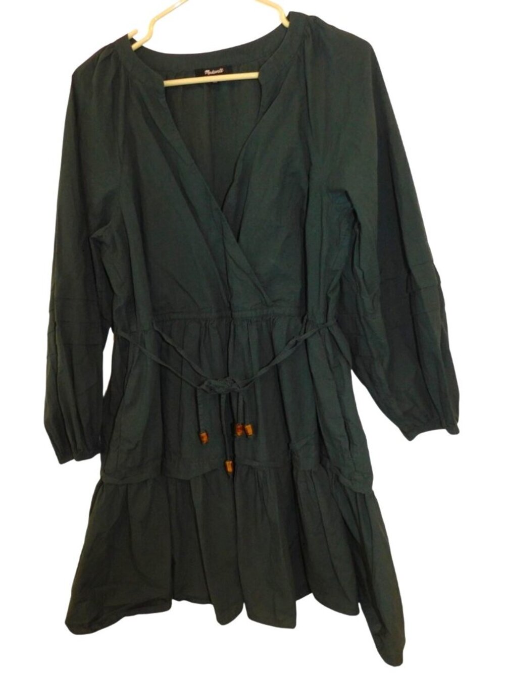 Madewell Womens Sz M Green Faux Wrap Dress Tie Waist Peasant Sleeve Boho Flowy